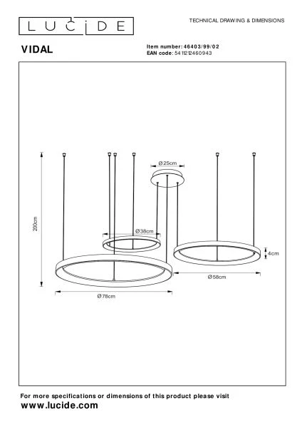 Lucide Premium VIDAL - Suspension - Ø 78 cm - LED Dim. - 1x120W 2700K - Or Mat / Laiton - technique